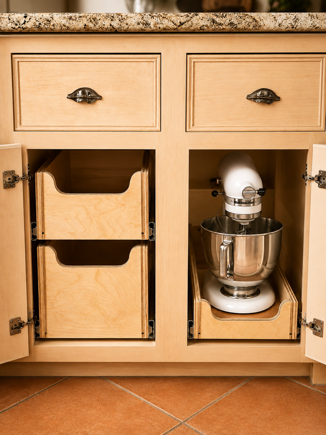 Open kitchen cabinet with a stand mixer inside on the right side.