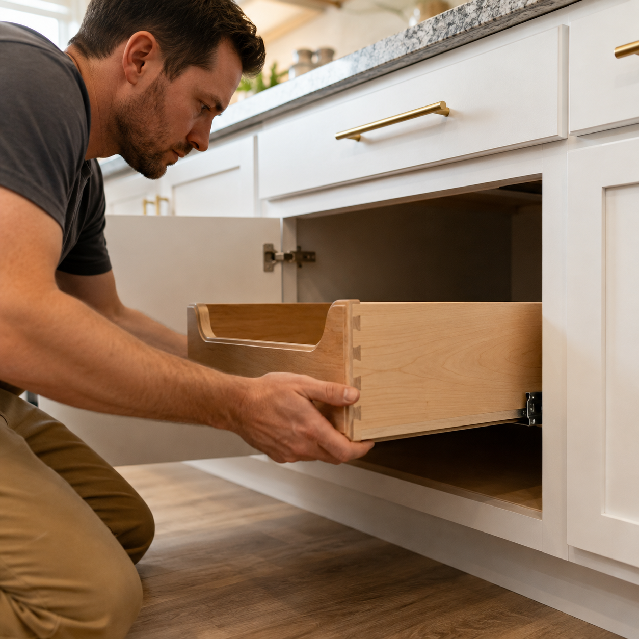 A man installing a wooden drawer into a white kitchen cabinet.