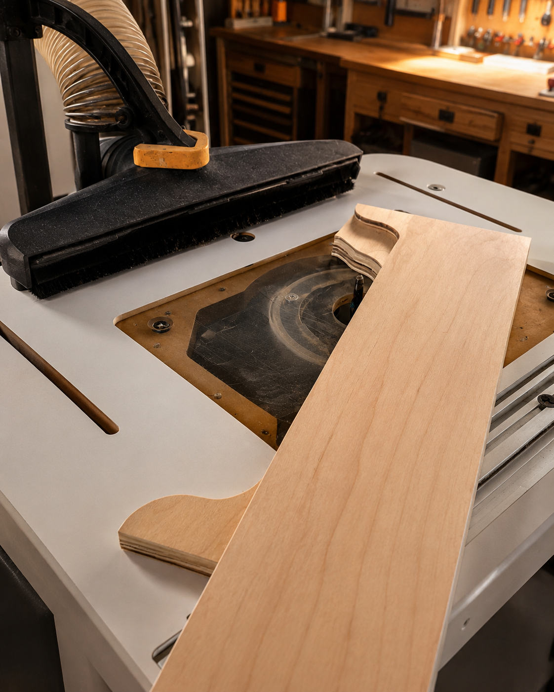 A woodworking table saw with a piece of light-colored wood on top in a workshop.