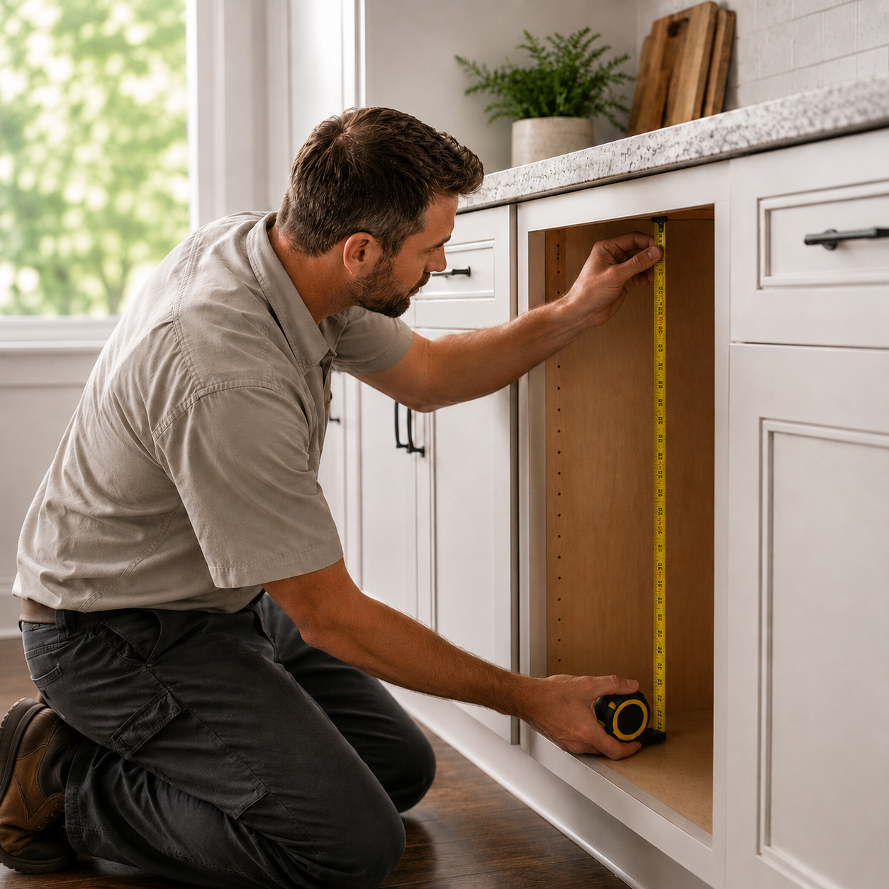 A man kneeling on the floor measuring the inside of a kitchen cabinet with a tape measure.