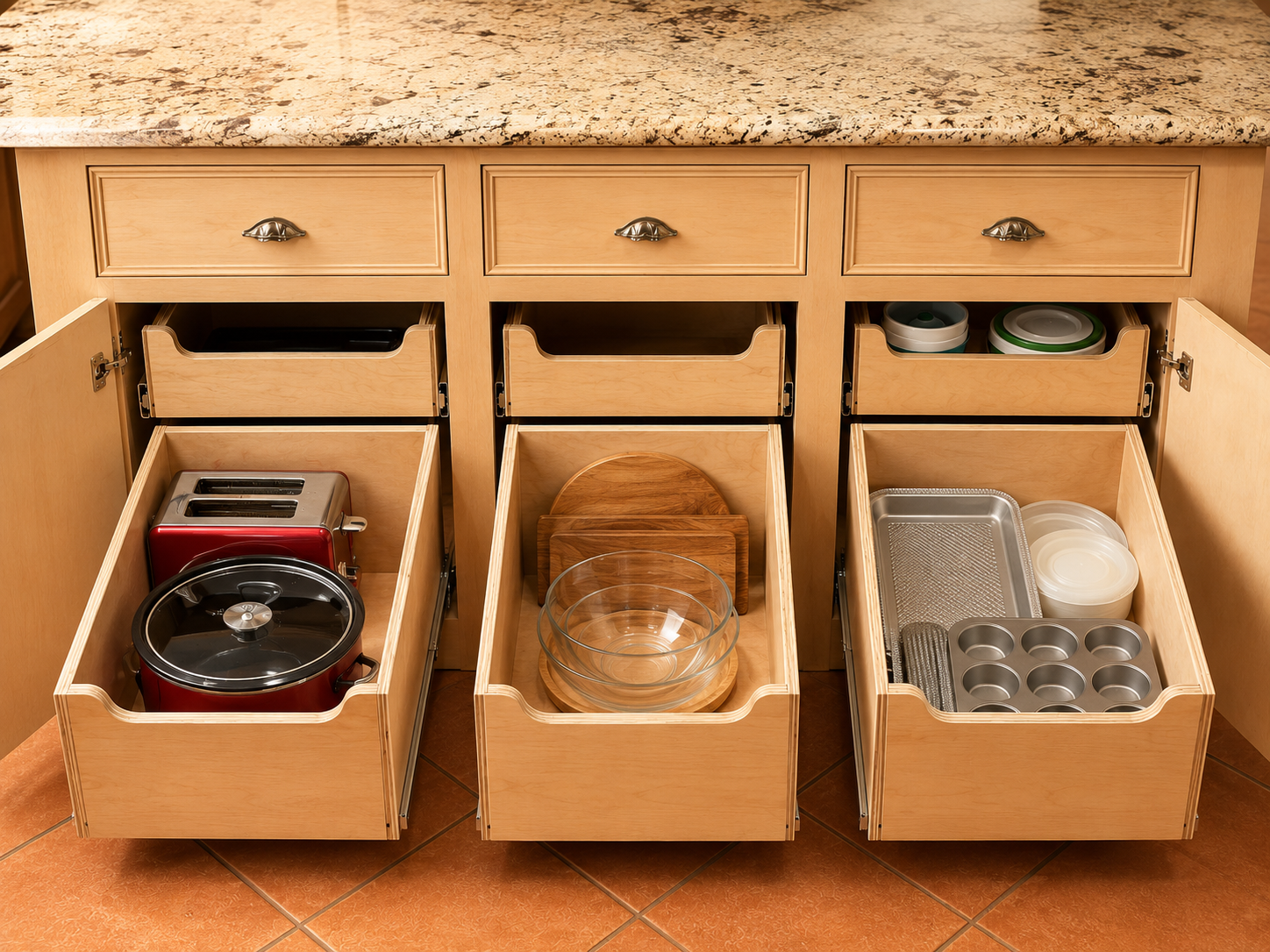 Open kitchen cabinets with kitchenware and appliances inside, including a toaster, bowls, cutting boards, and baking pans.