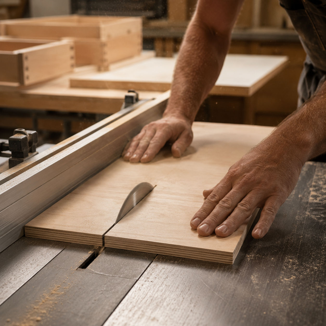 A person using a table saw to cut a piece of wood in a woodworking shop.