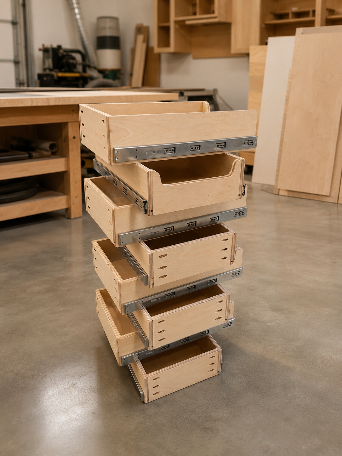 Stack of wooden drawers in a woodworking workshop, with tools and wood panels in the background.