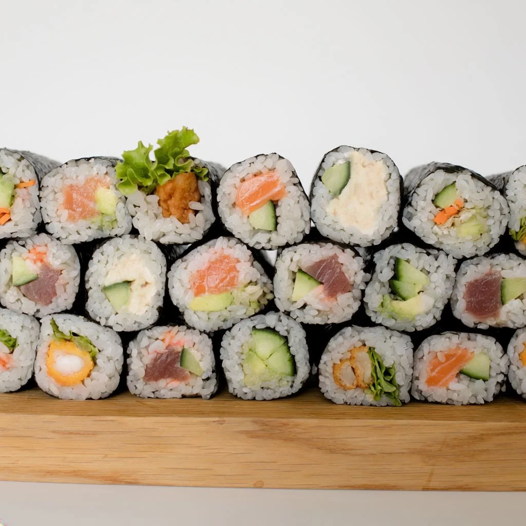 Assorted sushi rolls arranged on a wooden board with various fillings like salmon, tuna, cucumber, avocado, and cream cheese.