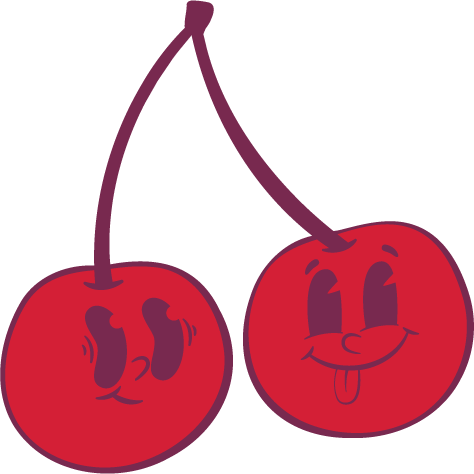 Two cartoon cherries with smiling faces and one sticking out its tongue.