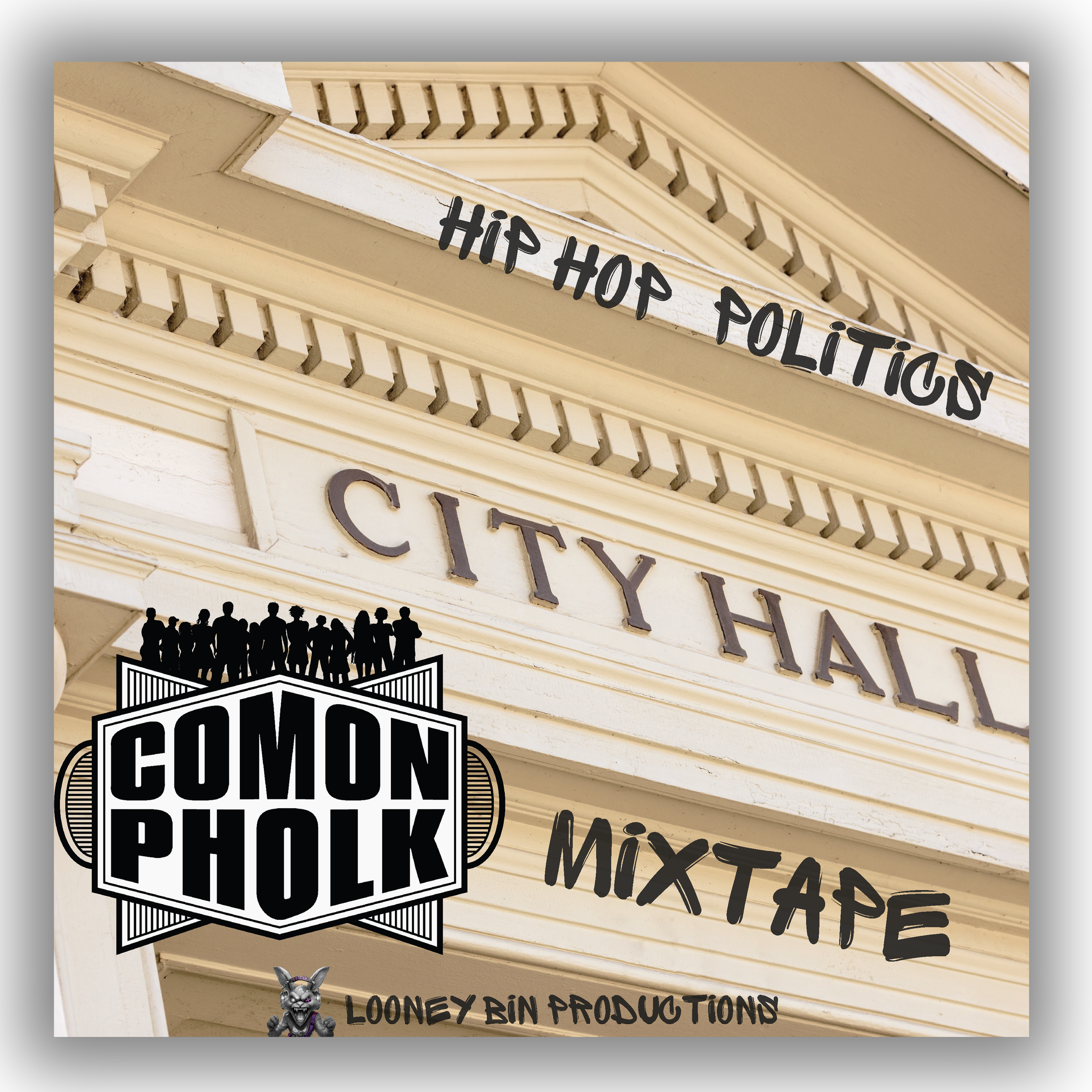 Decorative building corner with the words 'Hip Hop Politics' written in black and a logo for 'Juman Products' featuring a group of people in silhouette and a cartoon dog wearing sunglasses and a hoodie.