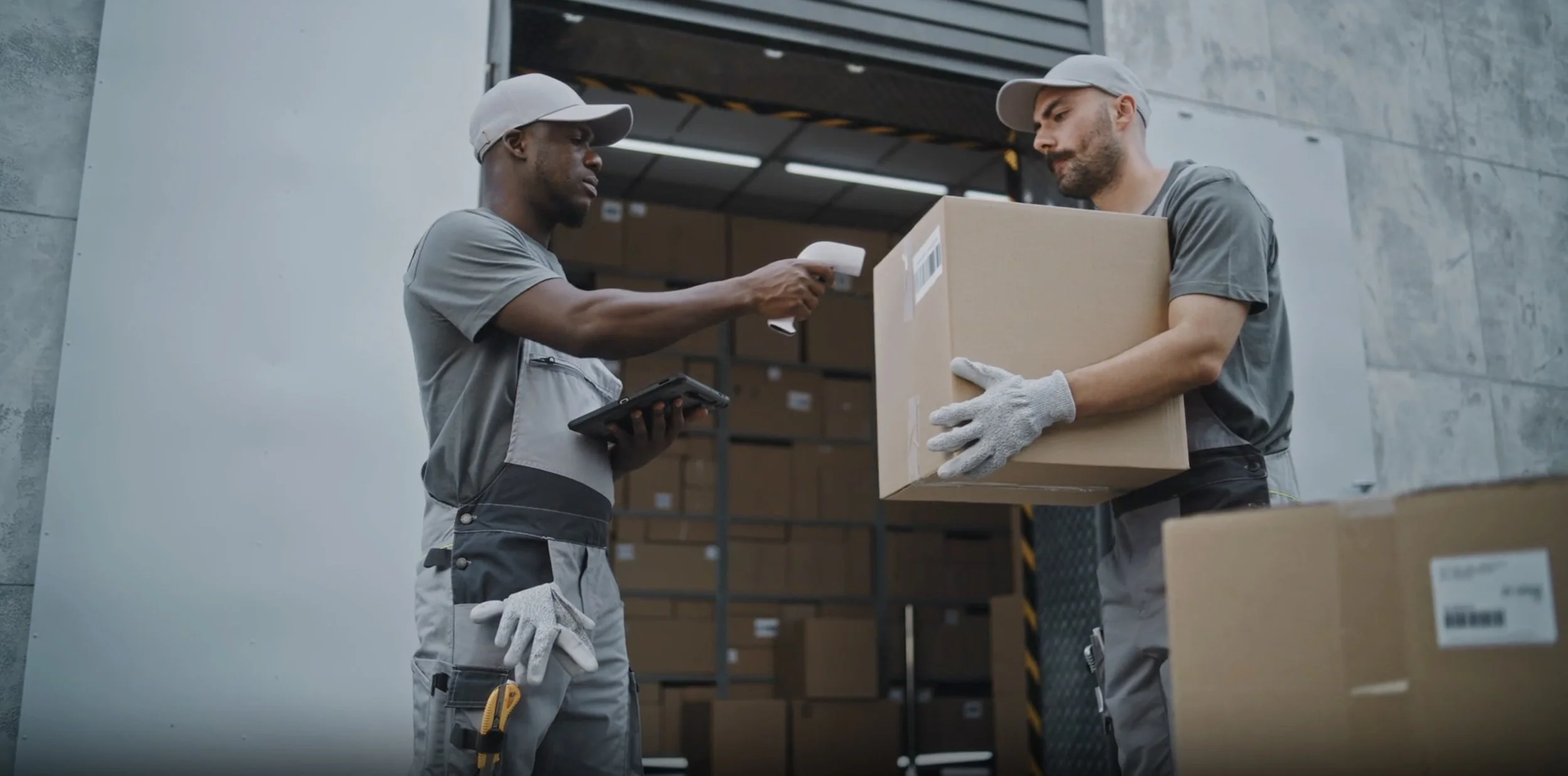 Two men wearing gray work uniforms and gloves, one with a tablet, exchanging a large cardboard box in a warehouse with stacked boxes ready to go to sell on Amazon.