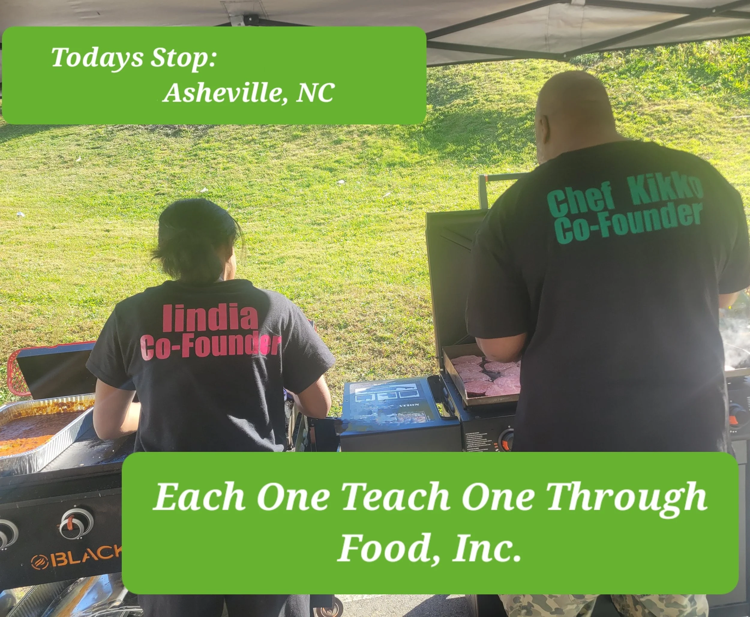 A green sign with white text reads 'Today's Stop: Asheville, NC'. In front of the sign, Co-Founders Chef Kikko and Iindia are preparing food outside for the community after Hurricane Helene.