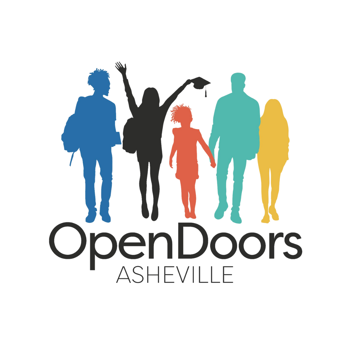 Silhouettes of diverse people walking, including a person holding a graduation cap. Text reads 'OpenDoors Asheville'.