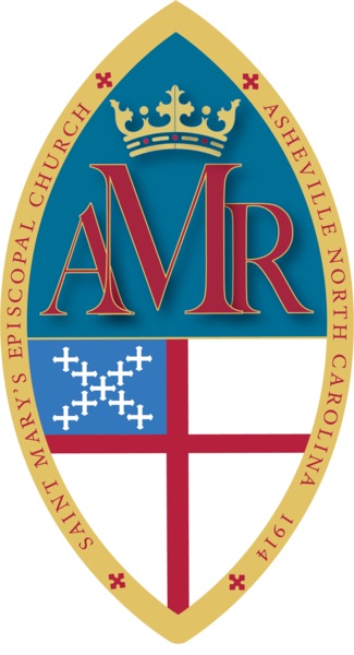 Logo featuring a gold and blue shield with a crown on top. The shield displays a red-bordered cross and a blue field with white crosses. The initials 'AVR' are prominently in the center in red. Around the shield, gold text reads 'Saint Mary's Episcopal Church, Asheville North Carolina 1944.'
