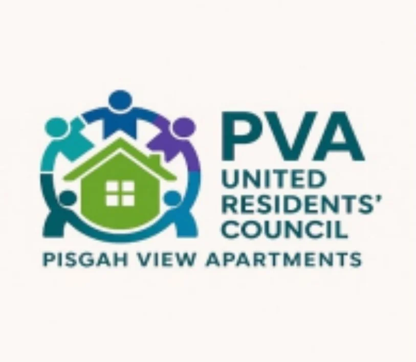 Logo for Pisgah View Apartments, United Residents' Council of PVA, featuring a house icon and five interconnected human icons.