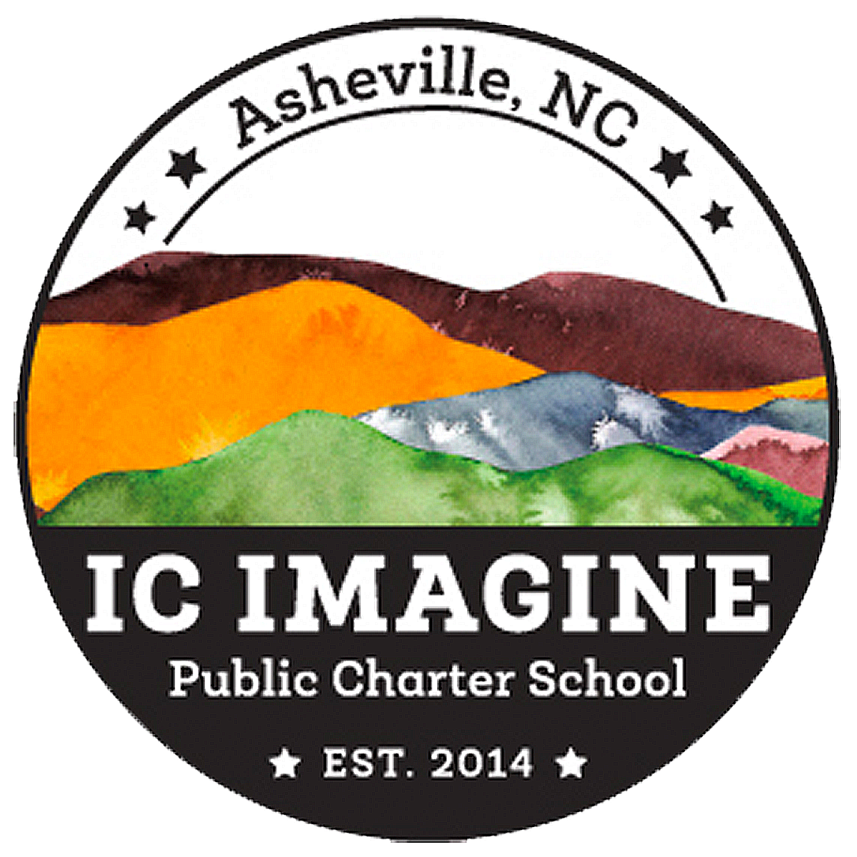 A circular logo for IC Imagine Public Charter School, with watercolor mountains and hills in orange, green, gray, and brown, and the text 'IC IMAGINE' in bold white letters, 'Public Charter School,' and 'EST. 2014,' along with 'Asheville, NC' at the top.