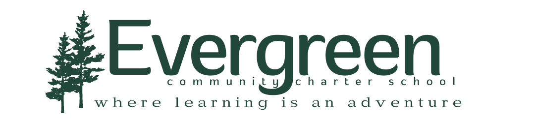 Evergreen Community Charter School logo with trees and slogan 'Where learning is an adventure'.