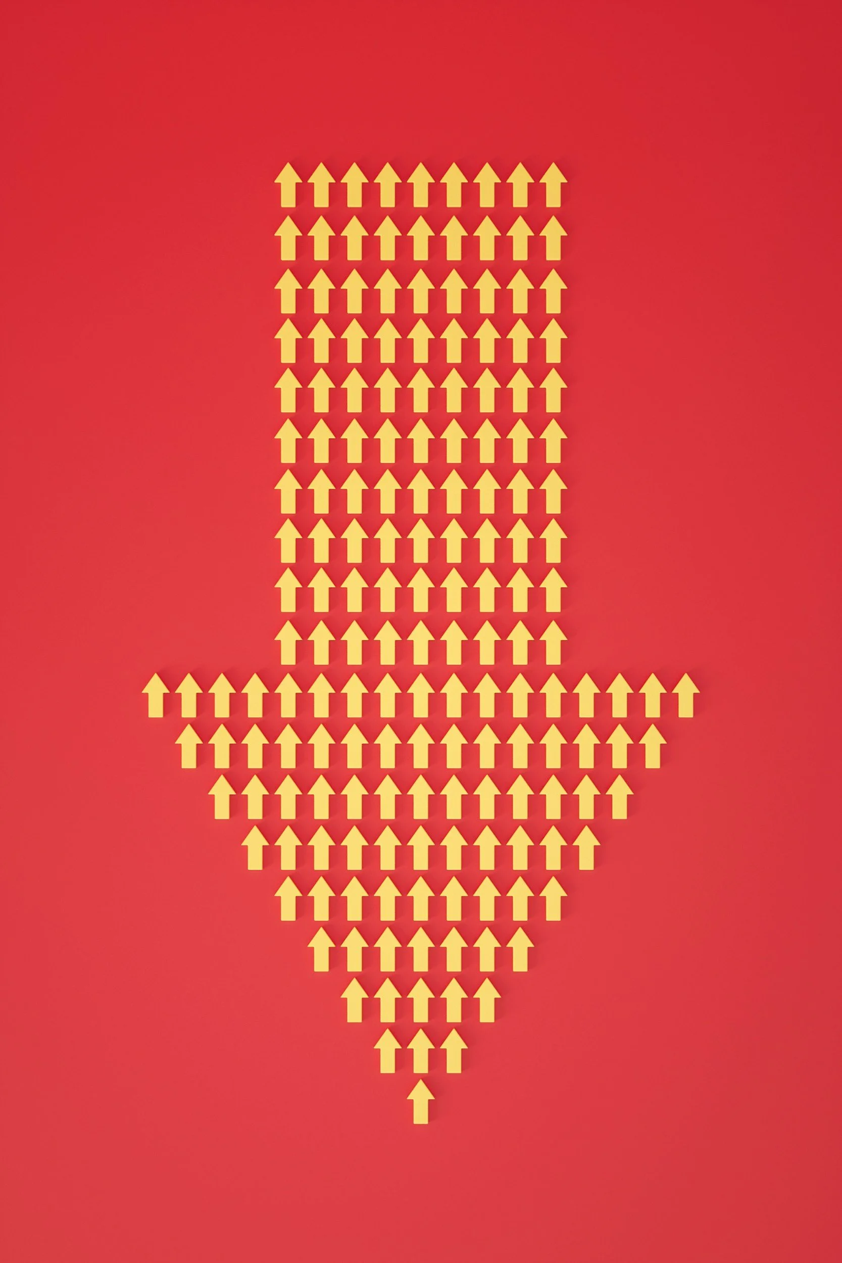 Yellow arrows pointing upward arranged in a pattern on a red background.