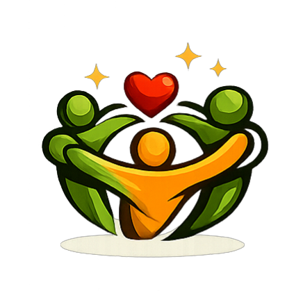 A colorful abstract illustration of five human figures with their arms raised, forming a circle around a red heart and a yellow star, symbolizing love and unity.
