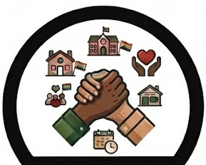 Two hands clasped in a handshake inside a circle, surrounded by icons of houses, a heart, berries, a house with a garden, a calendar, and a clock, symbolizing community and support.