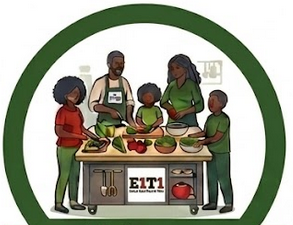 A family of six preparing food together in a kitchen, with a man, woman, and four children around a counter with bowls and vegetables, inside a green circular frame.