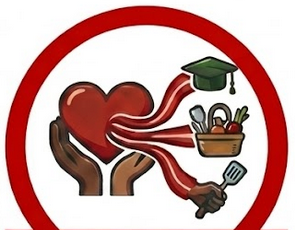 Heart with four loves and a basket of school supplies inside a red circle