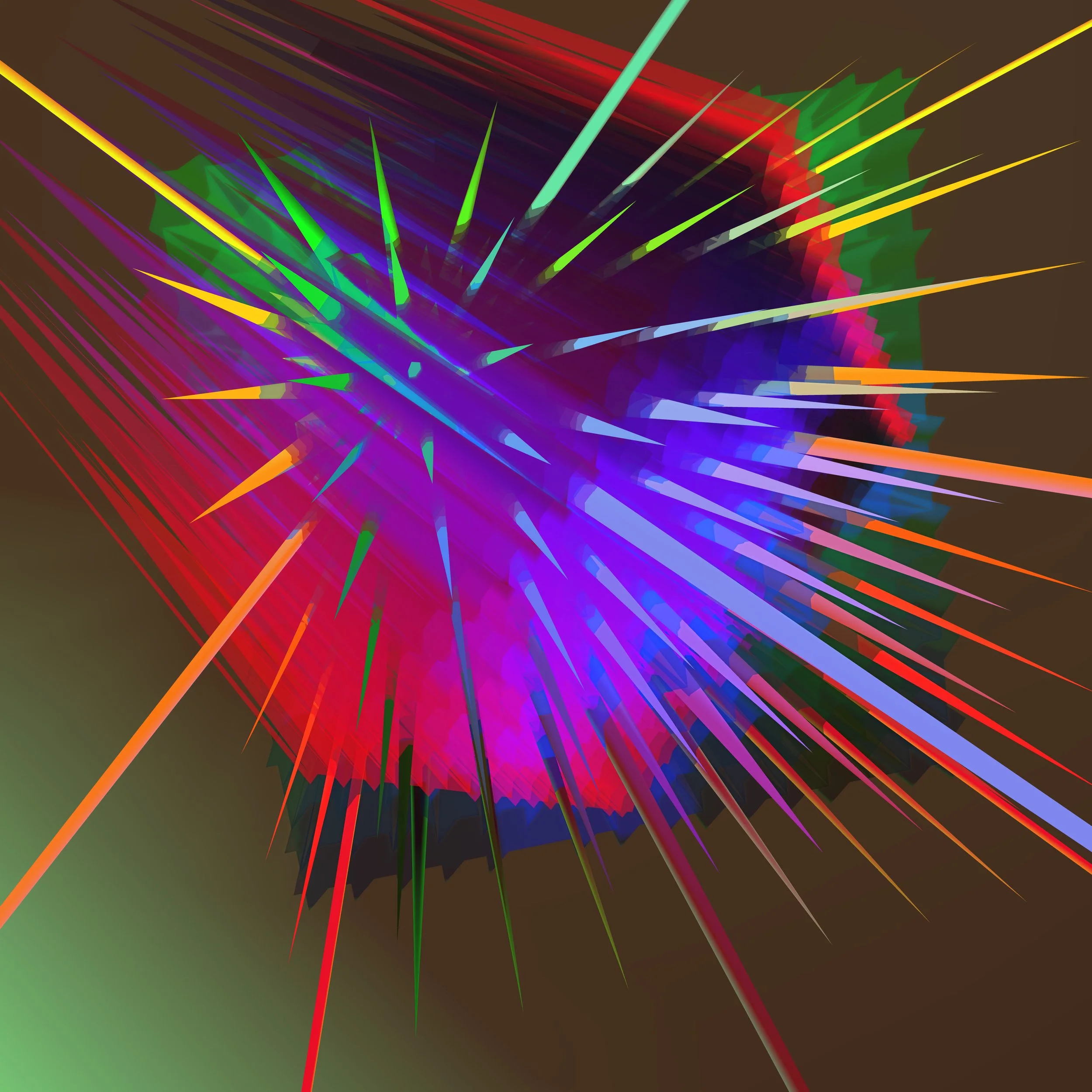 Spikes by Janine Bruttin, a still image from an immersive digital installation featuring vibrant color, movement, and dynamic spatial form.