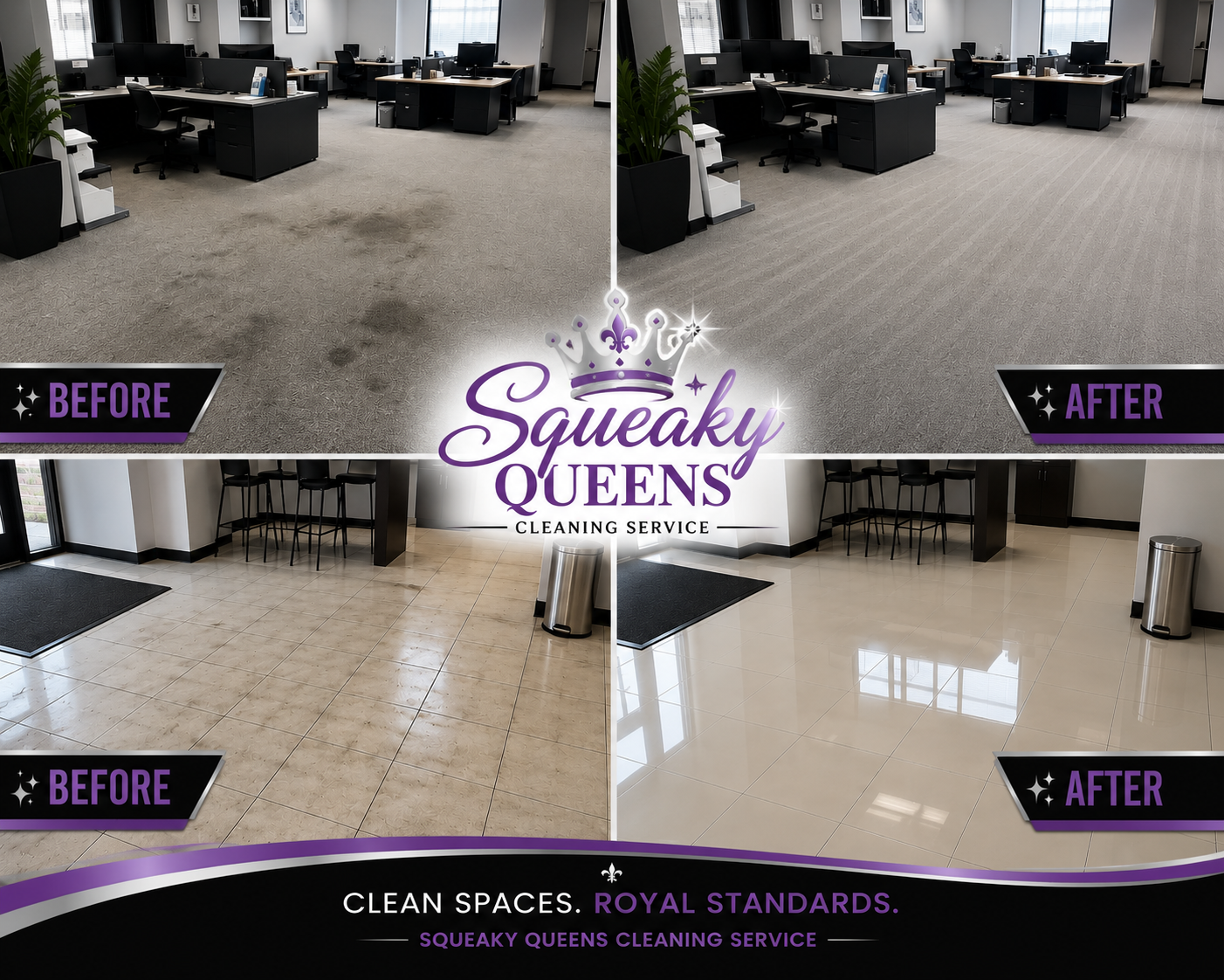 Side by side comparison of before and after cleaning photos. Top images show an office with dirty carpet and clean carpet, respectively. Bottom images display a lobby with dirty tiled floor and polished, clean tiled floor, respectively. The image features the logo of Squeaky Queens Cleaning Service in the center and promotional text at the bottom.