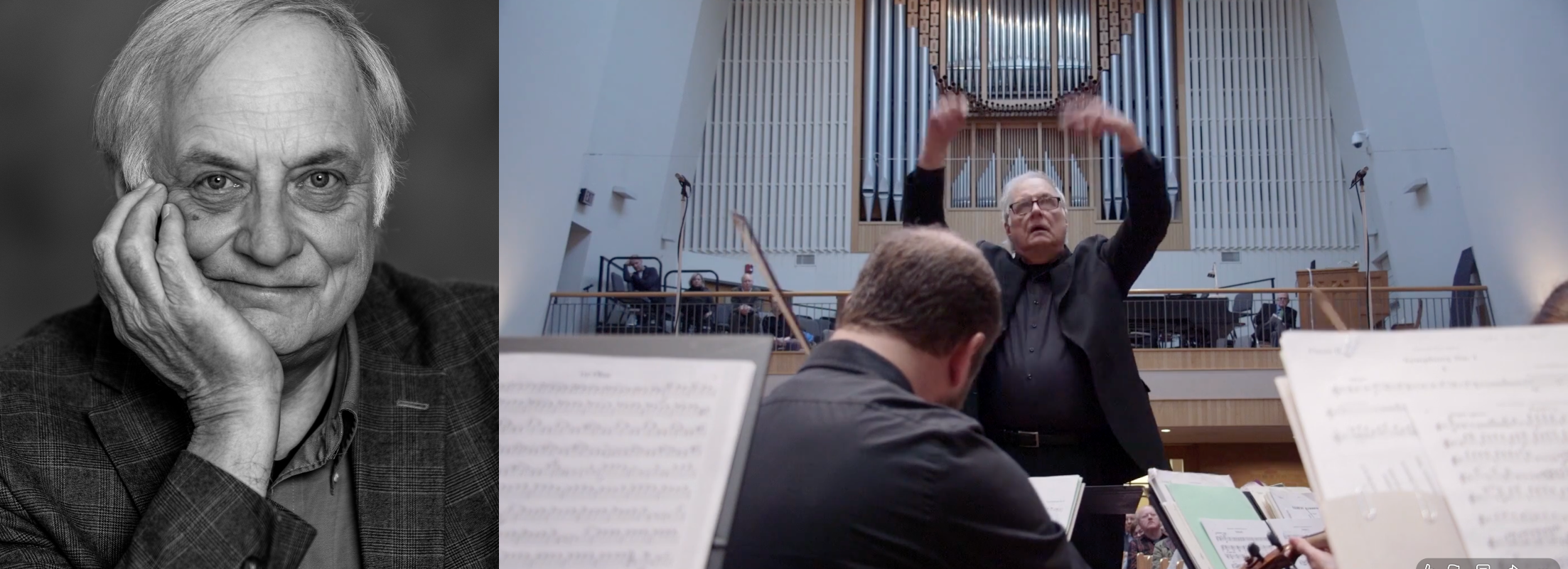 A black and white portrait of an older man with gray hair resting his head on his hand on the left side. On the right side, a conductor leading an orchestra in a concert hall with large pipe organ pipes in the background.