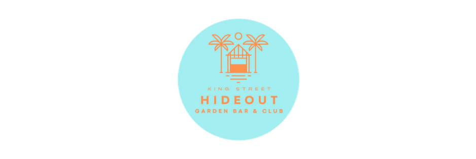 Logo for King Street Hideout Garden Bar & Club featuring palm trees and a hut in a circle