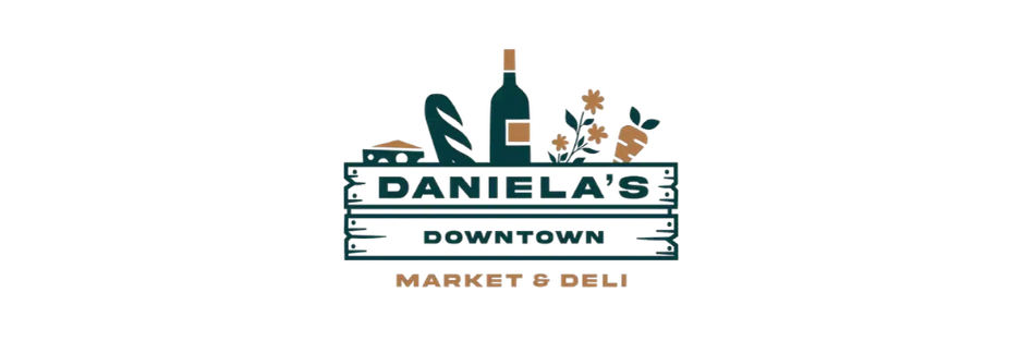 Logo for Daniela's Downtown Market & Deli featuring a bottle of wine, a fish, flowers, and a carrot.