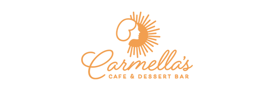 Logo of Carmella's Cafe & Dessert Bar featuring an orange sun with a swirl in the center.