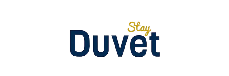 Text graphic saying "Stay Duvet" with "Stay" in yellow cursive and "Duvet" in bold blue letters.