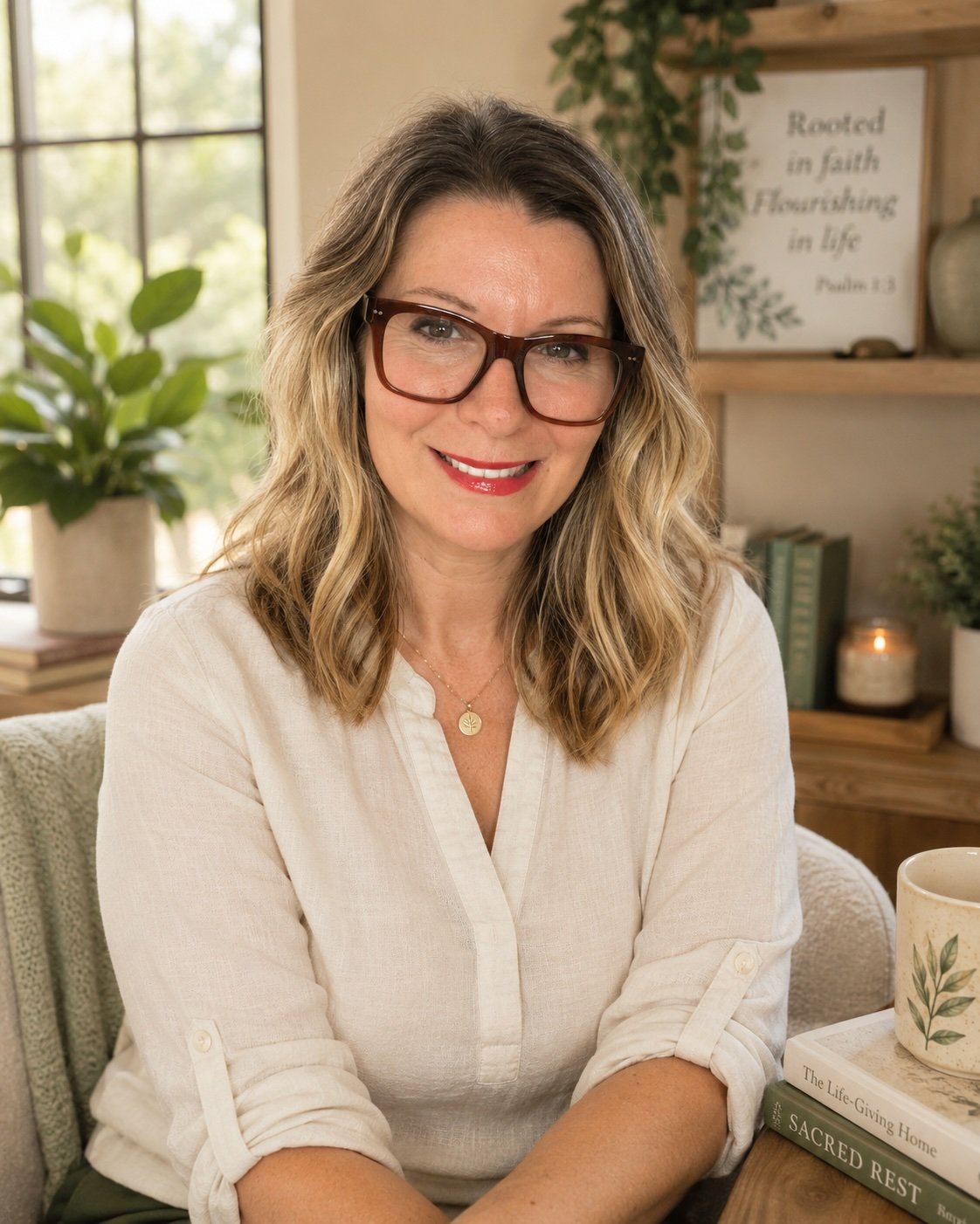 A woman with wavy blonde hair and glasses smiling at the camera in a cozy, well-decorated room with plants and books.