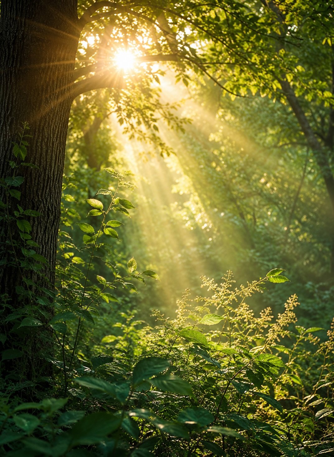 Sunlight filtering through the trees in a lush green forest.