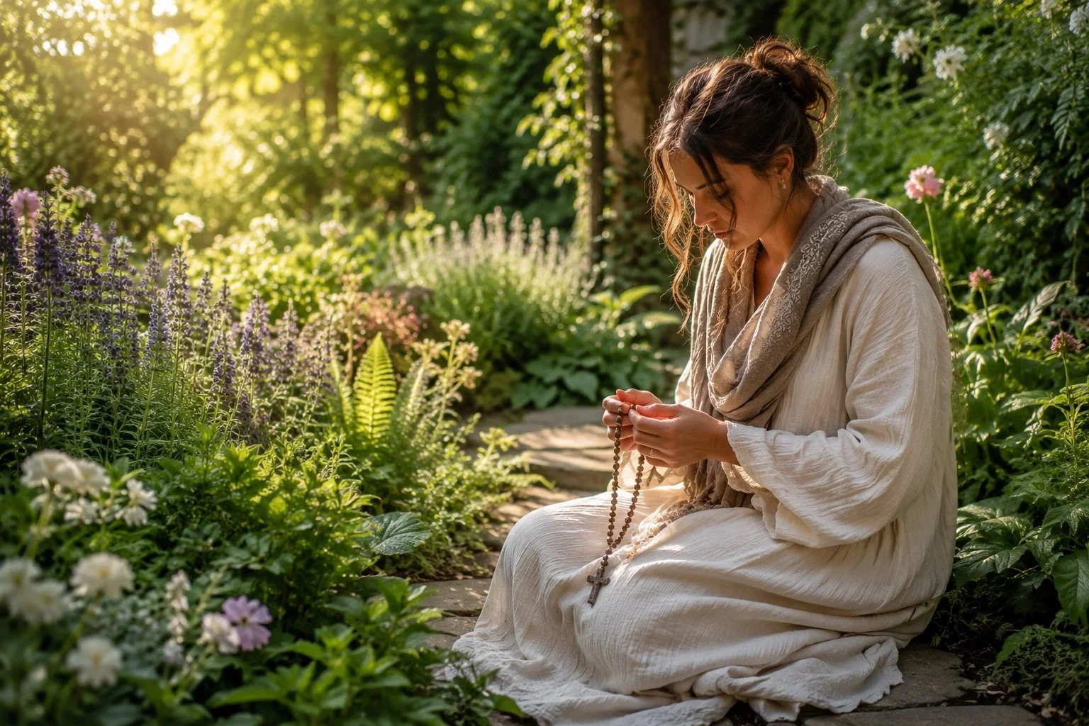 A woman in a white dress and scarf sitting cross-legged on a garden path, praying with a rosary, surrounded by flowers and greenery, during sunset.