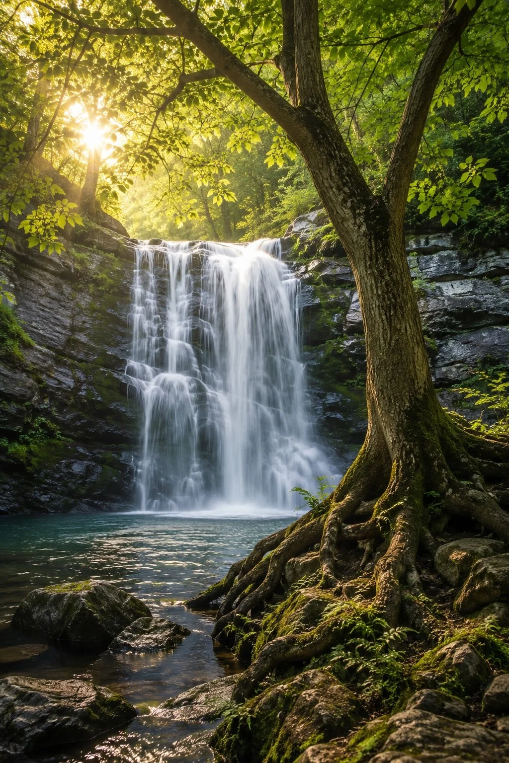 A scenic view of a waterfall cascading into a calm pool of water surrounded by rocks and lush green trees, with sunlight filtering through the leaves.