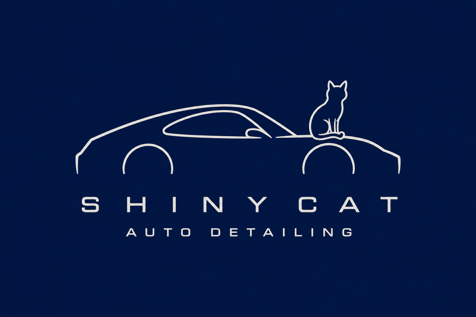 Logo for Shiny Cat Auto Detailing featuring a minimalist white line drawing of a car with a sitting cat on its roof, against a dark blue background.