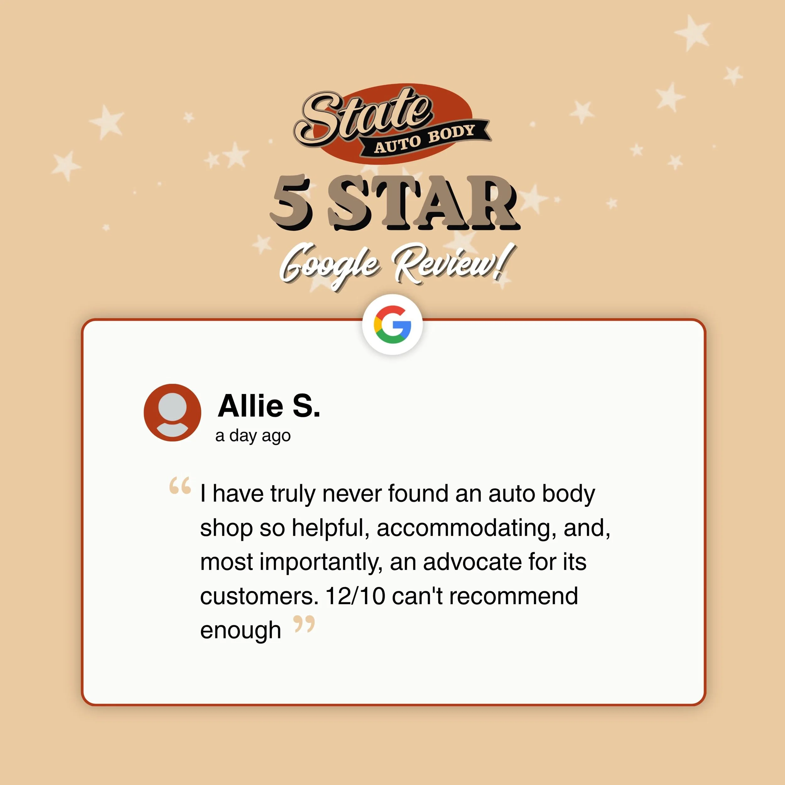 We&rsquo;re grateful for kind words like these! &ldquo;12/10&rdquo; might just be our new favorite rating. 😂

Thank you, Allie, for trusting us with your repairs and for taking the time to share your experience!