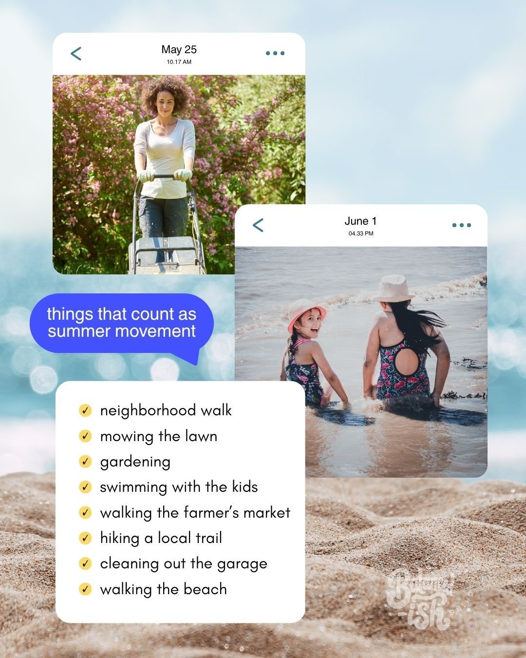 If you're looking at your summer calendar and wondering when you're supposed to fit a workout into all of that, this is your reminder:

Movement doesn't have to be a formal workout to count.

A walk after dinner counts.
Gardening counts.
Swimming cou