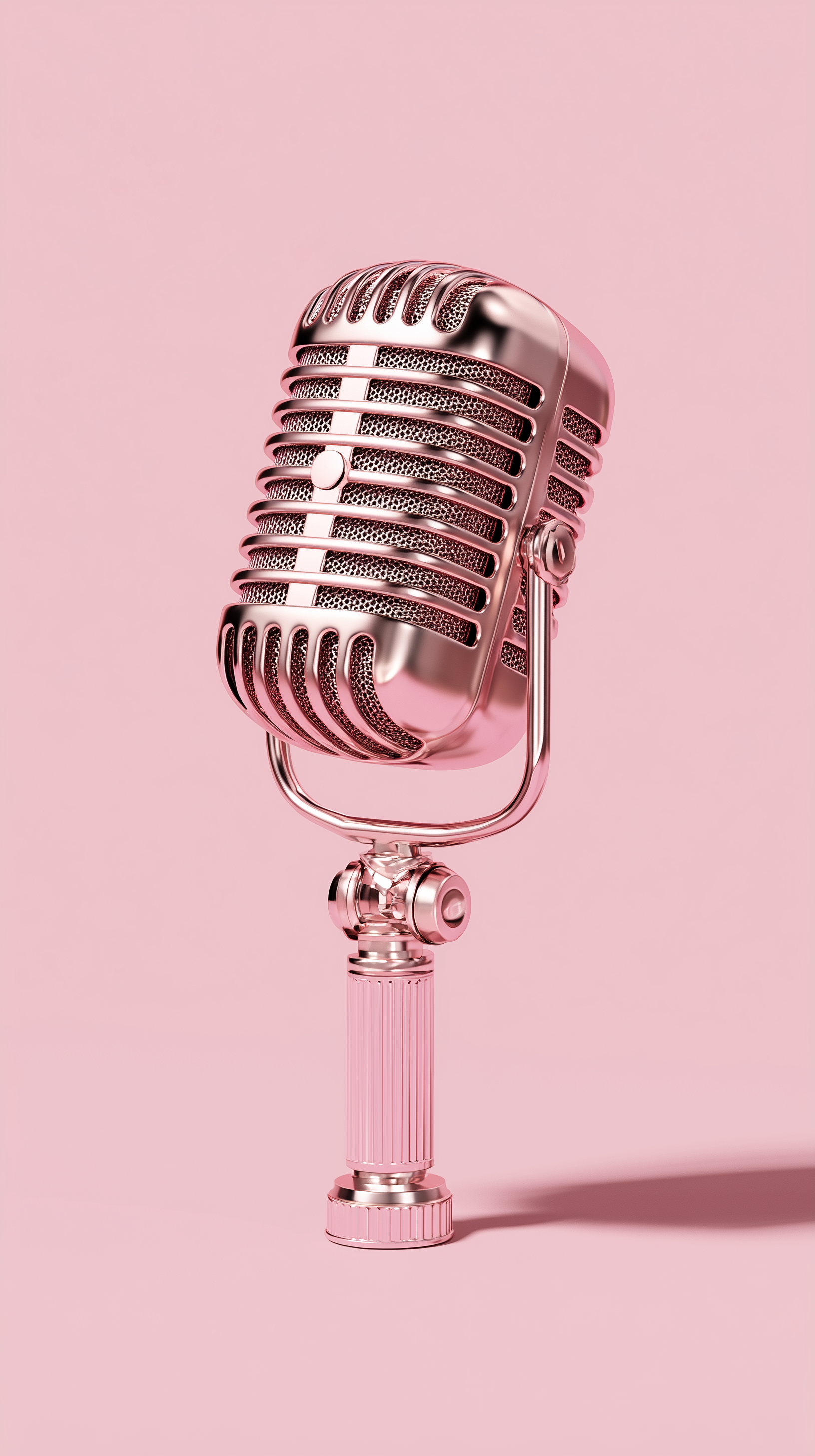 A vintage style pink microphone with a metallic finish on a matching pink background.
