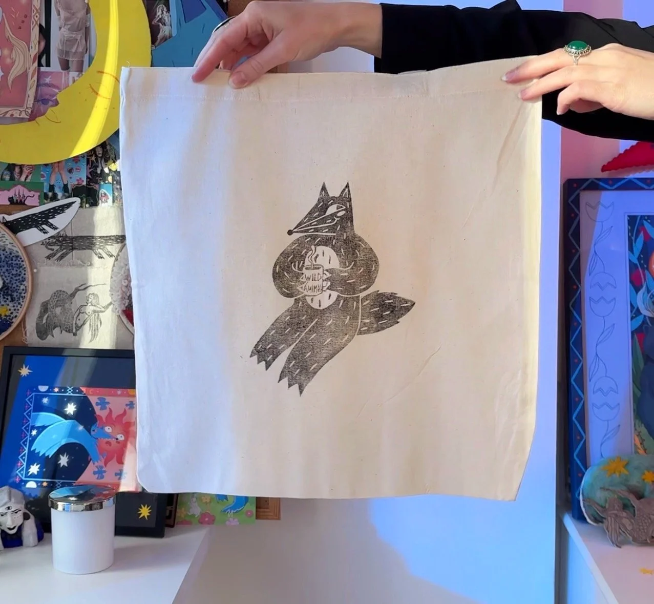 Tote Bag with Wolf Lino Print