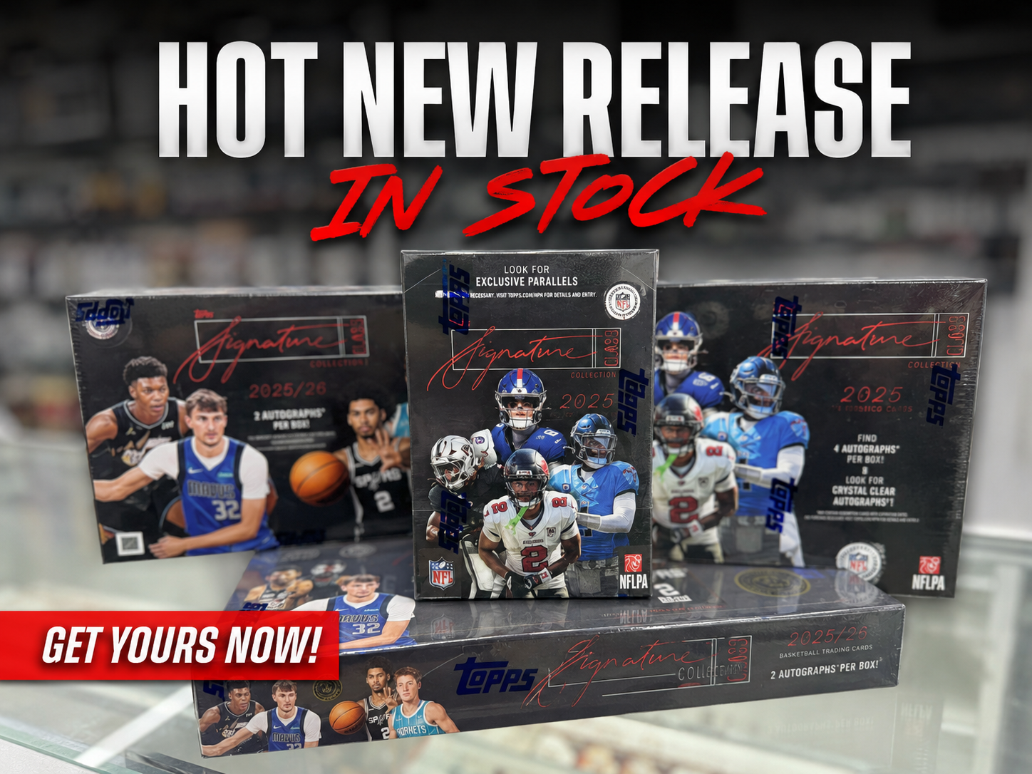 Topps Signature Class football and basketball trading card boxes now in stock at JJ's Sportscards & Collectibles in Saginaw, Michigan.