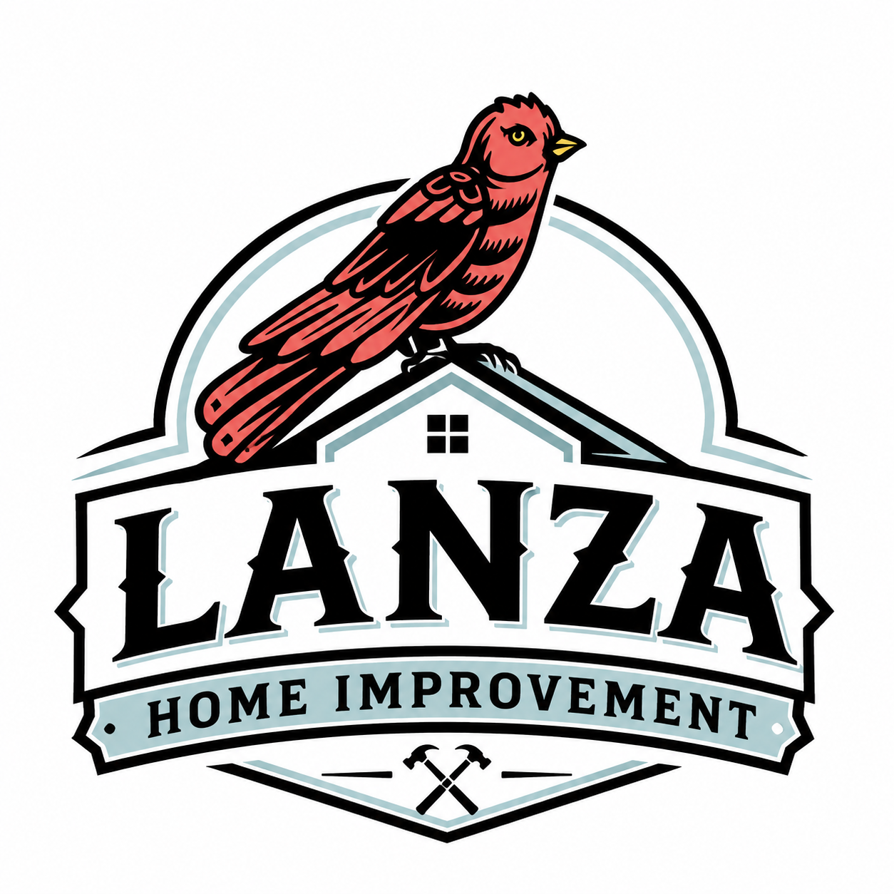 Logo for LanzA Home Improvement featuring a red bird perched on a house roof with a window, and two crossed hammers beneath the text.