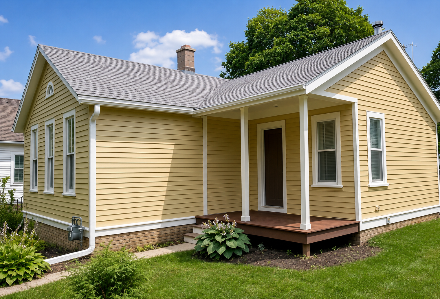 Yellow house with a small porch, white trim, and a gabled roof, surrounded by a green lawn and plants, with a tree and blue sky in the background.
