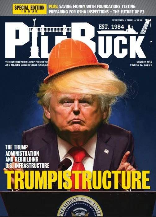 Magazine cover titled "PITR BUCK" with a caricature of Donald Trump wearing an orange construction helmet, with exaggerated hair, in front of a dark blue background.
