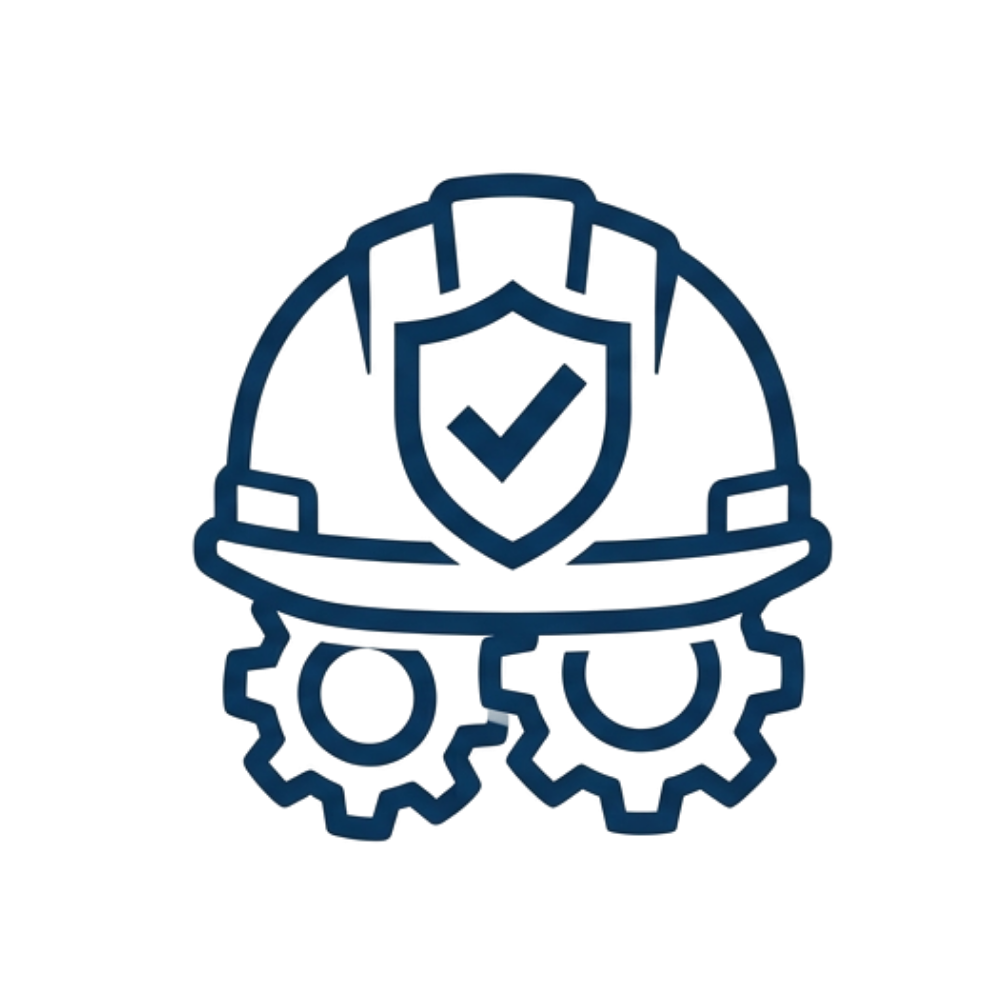 Neon icon of a helmet with a shield and check mark, surrounded by gears, symbolizing security and protection.