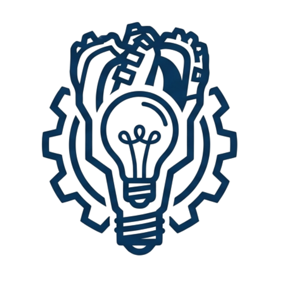 Neon outline of a light bulb encased in a gear, symbolizing ideas and innovation.