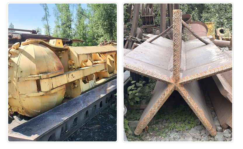 Two images of vintage industrial metal machinery parts in an outdoor setting. The left image shows a large, yellow, rusted machine component, possibly a pressure vessel or tank. The right image shows a rusted metal star-shaped base or support structure.