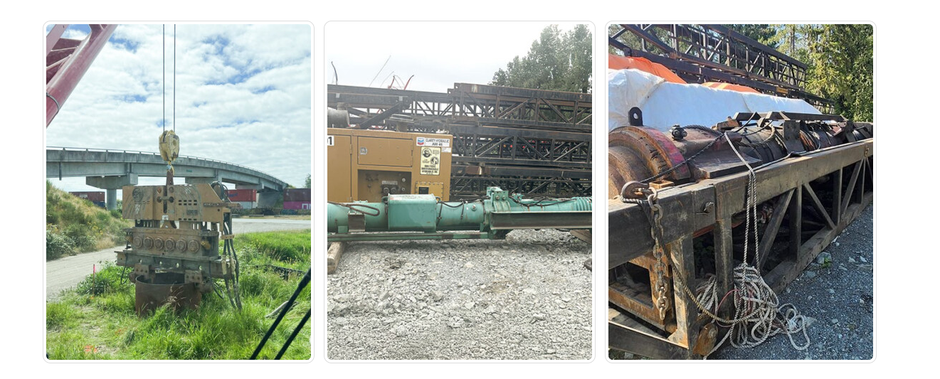 Three images of industrial equipment and machinery outdoors. The first shows a large metal machine with a hook hanging from a crane. The second features a generator and conveyor belts on a gravel surface. The third depicts a rusty metal conveyor or roller system with attached ropes and chains on a dirt surface surrounded by trees.