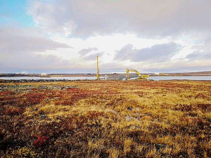 A wide view of a marshland with yellow and brown grasses, a body of water in the background, and a yellow excavator near a tall pole, under a cloudy sky.