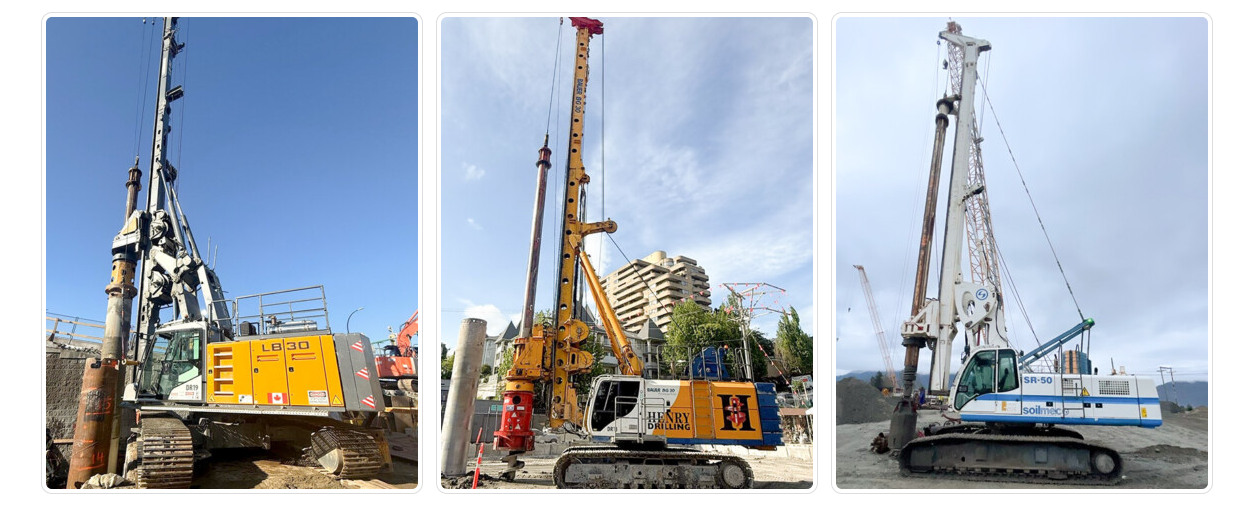 Three different types of construction drilling machines on site.