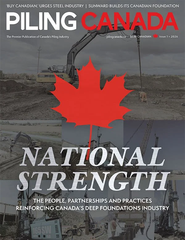 Cover of Piling Canada magazine showing construction equipment and workers at a site with a large red maple leaf overlay, emphasizing Canada's deep foundations industry.