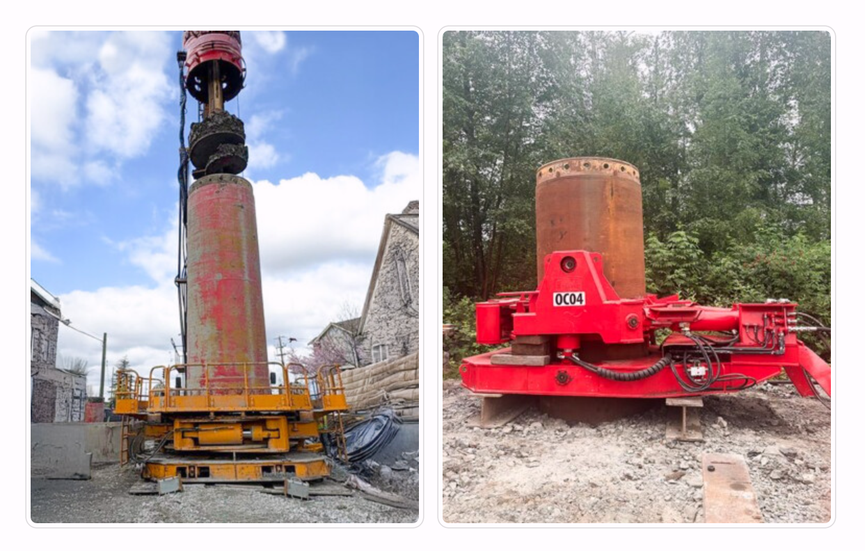 Two large construction machines with cylindrical components, one yellow and the other red, outdoors in different settings.